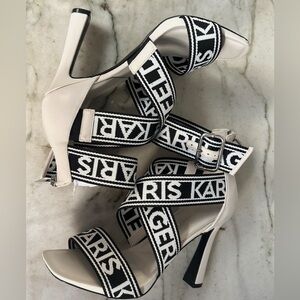 Karl Lagerfeld Black and White Striped Block Heel Sandals
